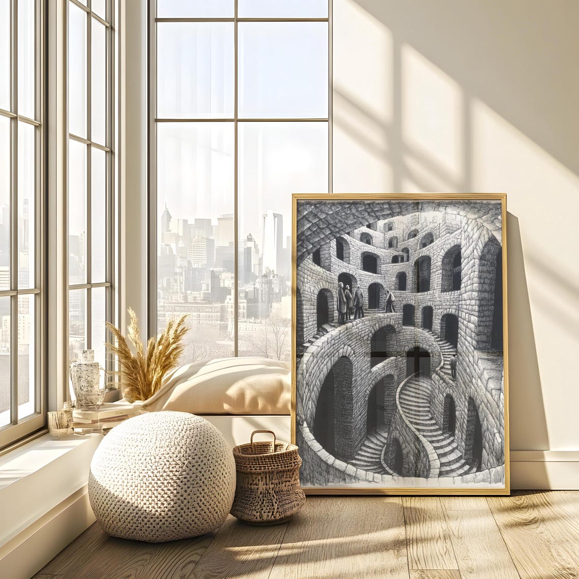 Endless Spiral Stone Stairwell Surreal Escher-like Ink Drawing Poster - Image 2