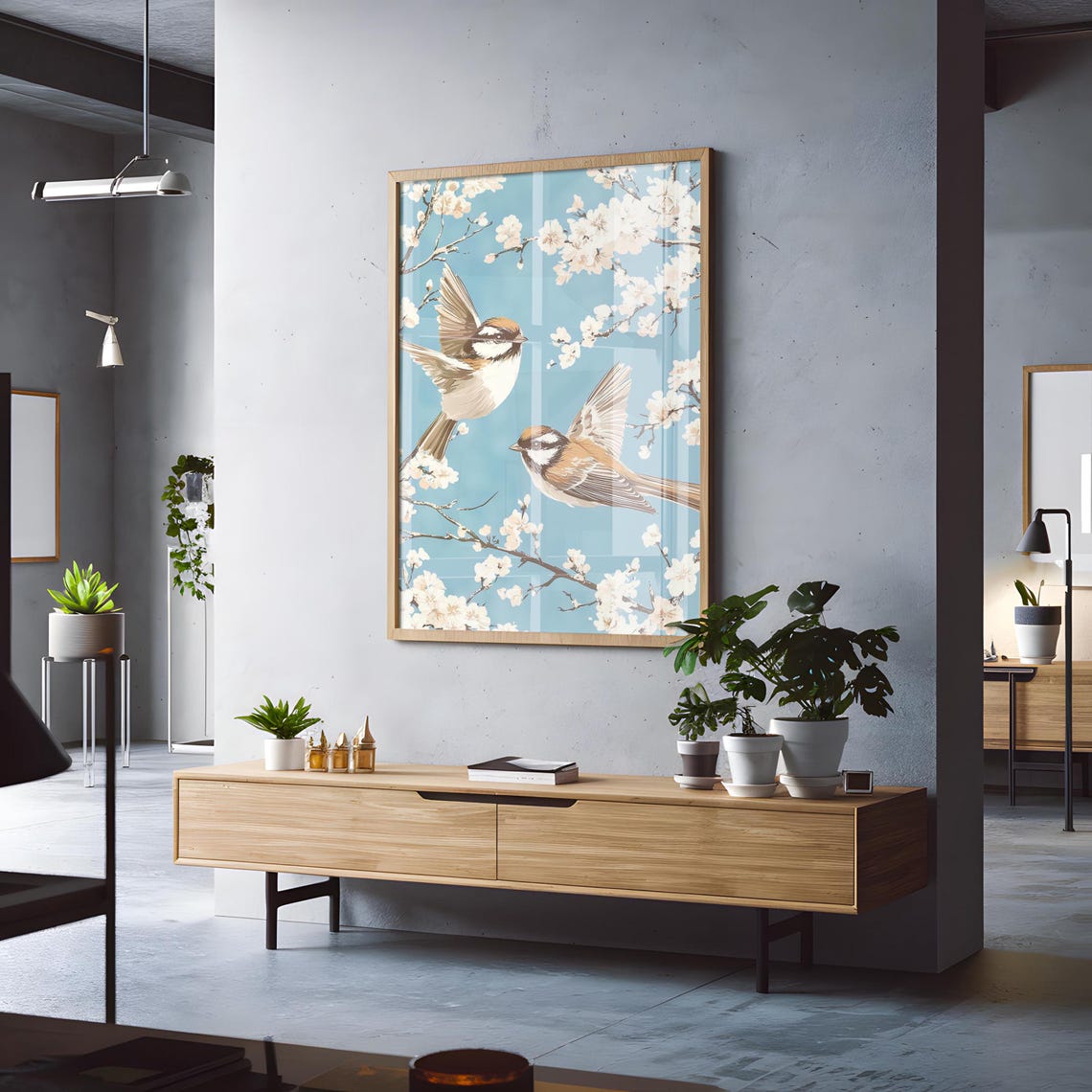 Two Birds In Flight White Cherry Blossoms Pale Blue Sky Poster - Image 3
