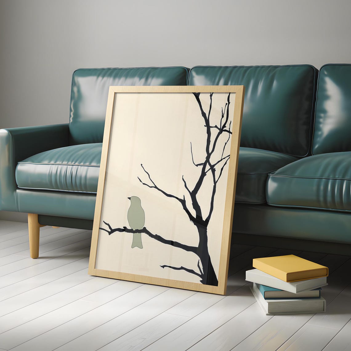 Sage Green Bird Perched On Black Branch Cream Japandi Style Poster - Image 4