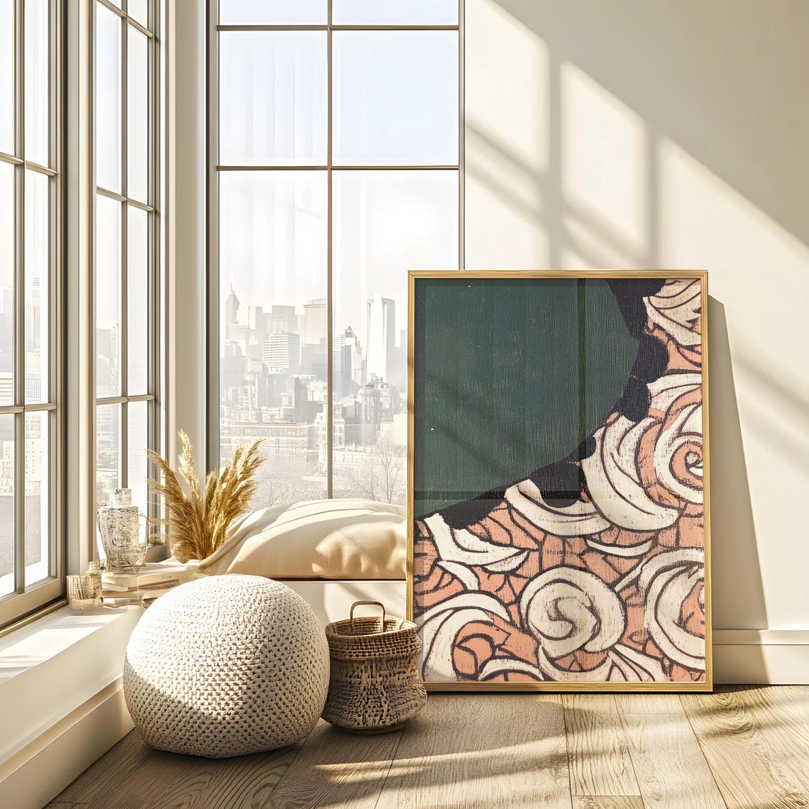 Vintage Abstract Emerald Green Peach Scroll Pattern Art Poster - Image 2