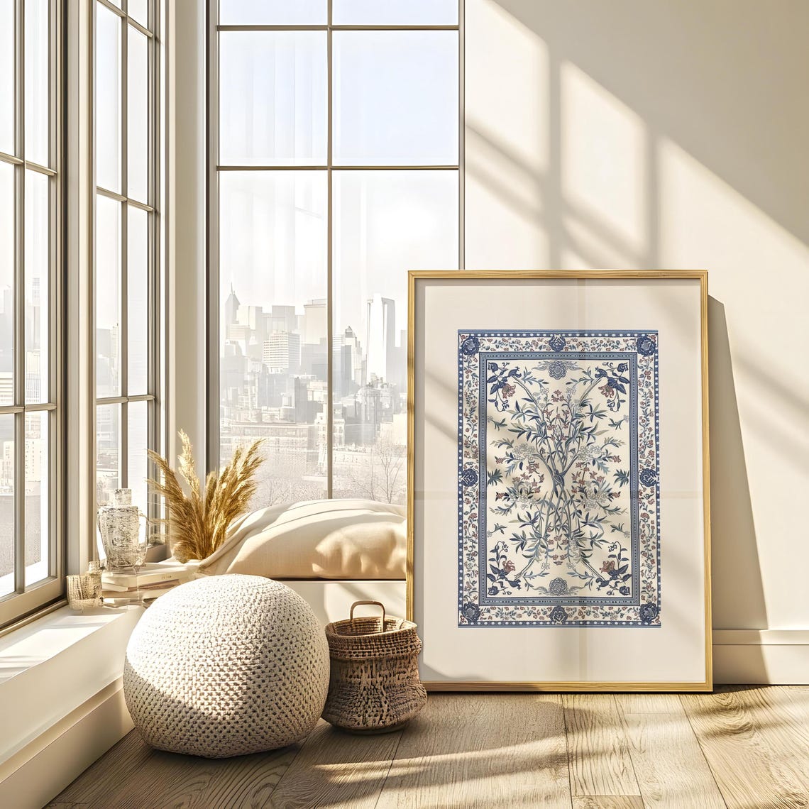 Blue White Botanical Textile Rug Kashmiri Floral Ornament Poster - Image 4