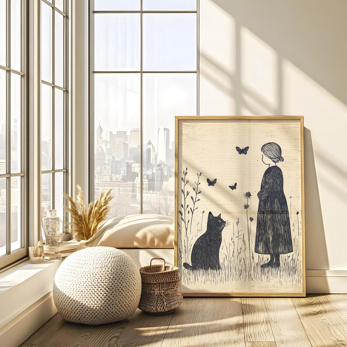 Girl And Black Cat Watching Butterflies Black Ink Whimsical Folk Art Illustration Poster - Image 2