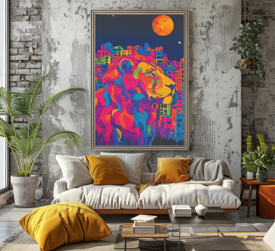 Rainbow Lion Profile Over A Neon Night City Skyline Art Poster - Image 6