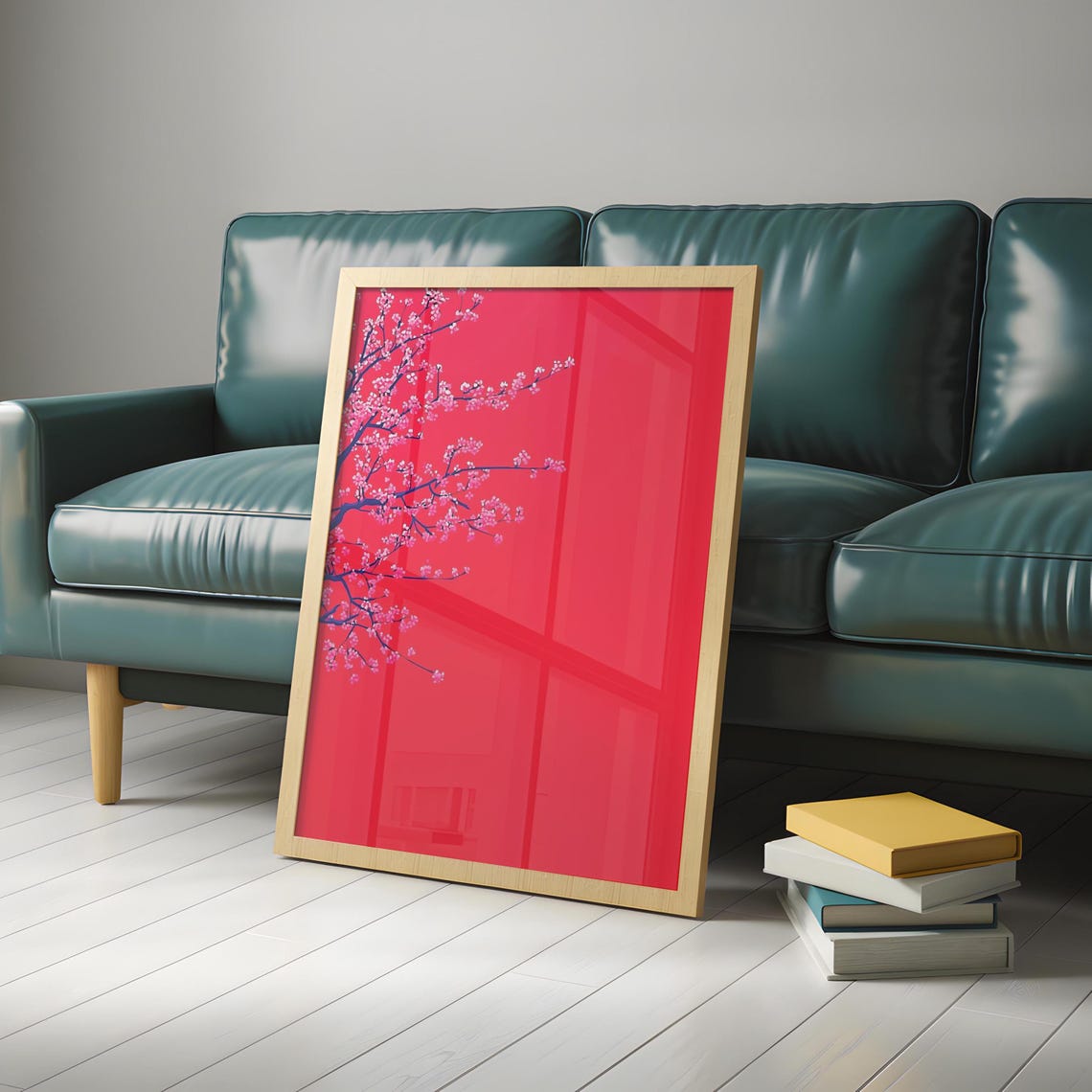 Pink Cherry Blossom Branch On Bold Red Minimalist Art Poster - Image 6