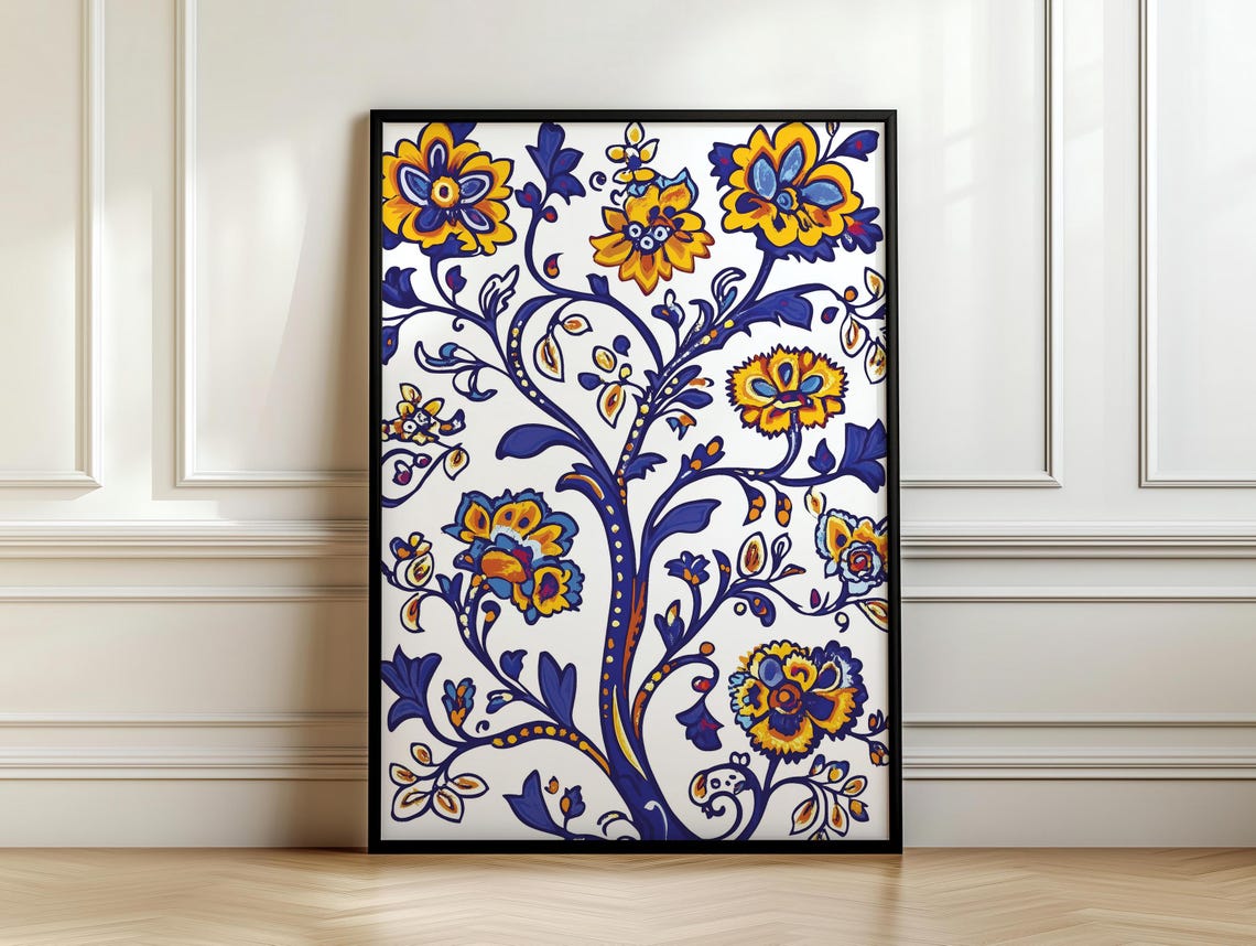 Cobalt Blue Yellow Ukrainian Folk Tree Of Life Floral Poster - Image 7
