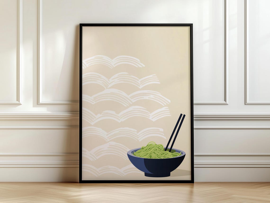 Green Noodle Bowl with Chopsticks on Seigaiha Wave Japandi Poster - Image 6