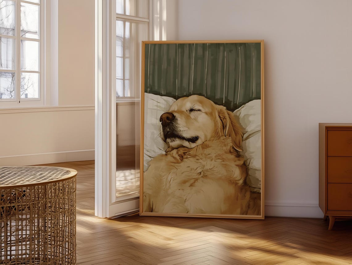 Sleeping Golden Retriever Close-Up on White Bedding Portrait Poster - Image 6