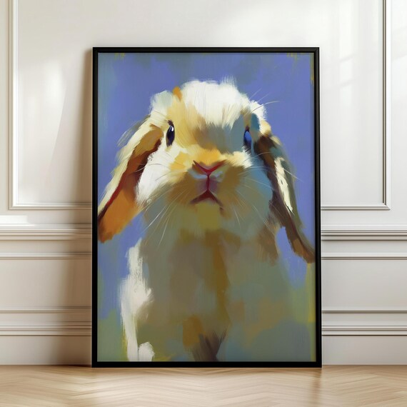 Lop Eared Bunny Close-Up Portrait on Blue Painterly Animal Poster