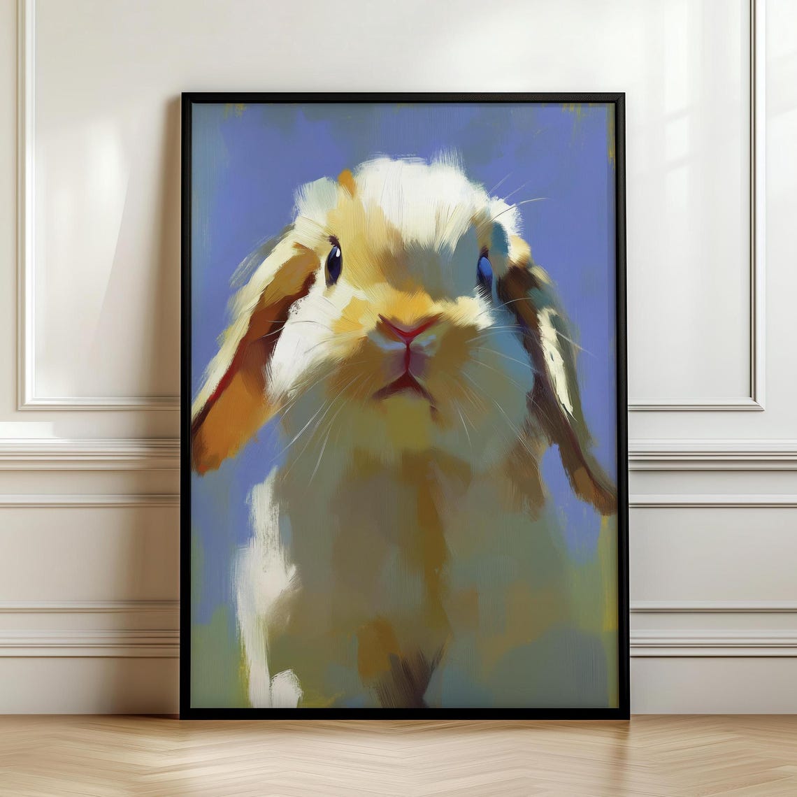 Lop Eared Bunny Close-Up Portrait on Blue Painterly Animal Poster