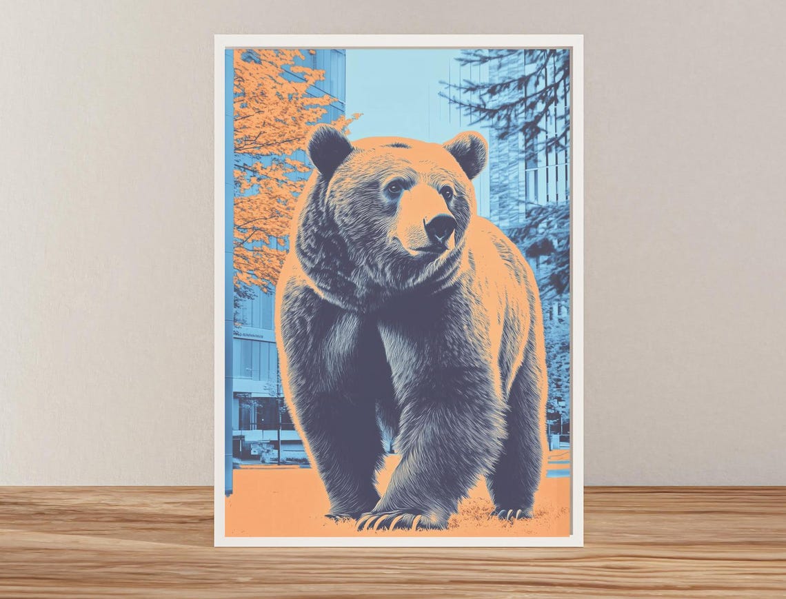 Walking Brown Bear In A City With Blue And Orange Tones Poster