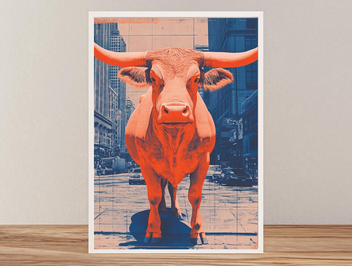 Bold Orange Longhorn Cow on City Street Urban Western Art Poster