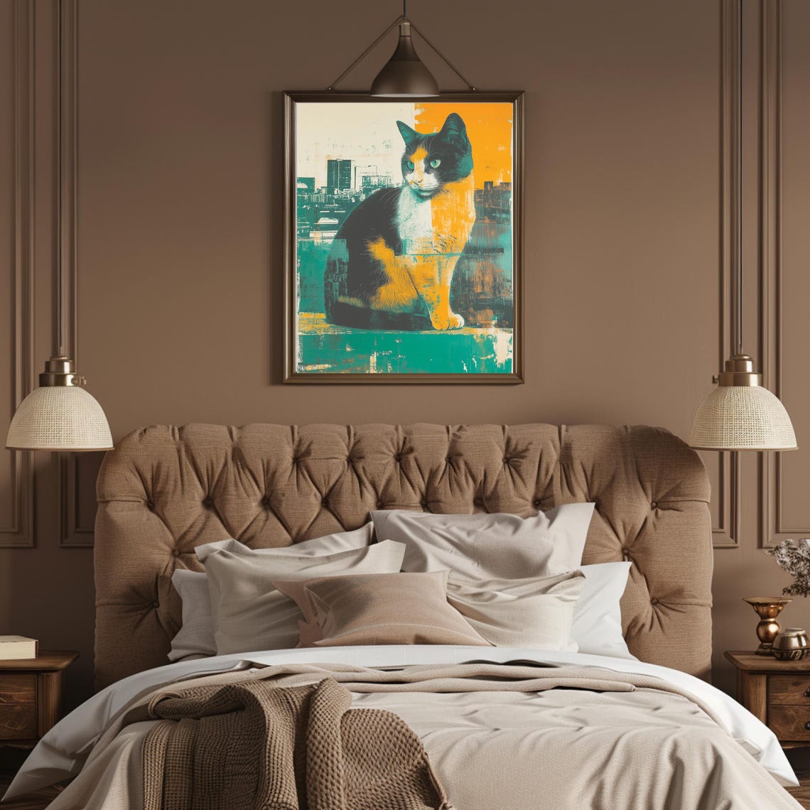 Calico Cat Sitting in Teal Orange Cityscape Pop Art Style Poster - Image 2
