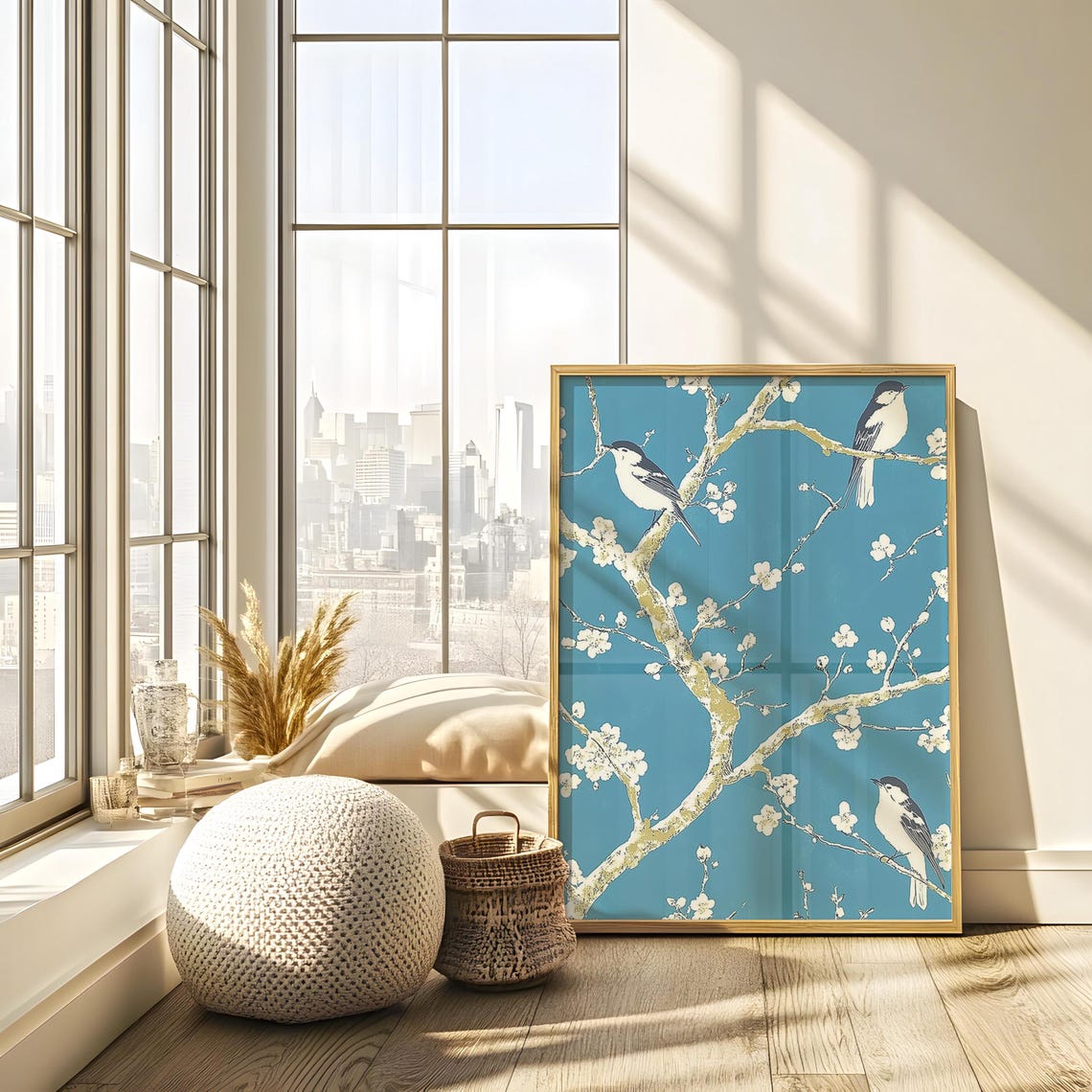 Three Small Birds On Blossoming Branches Deep Teal Botanical Poster - Image 4