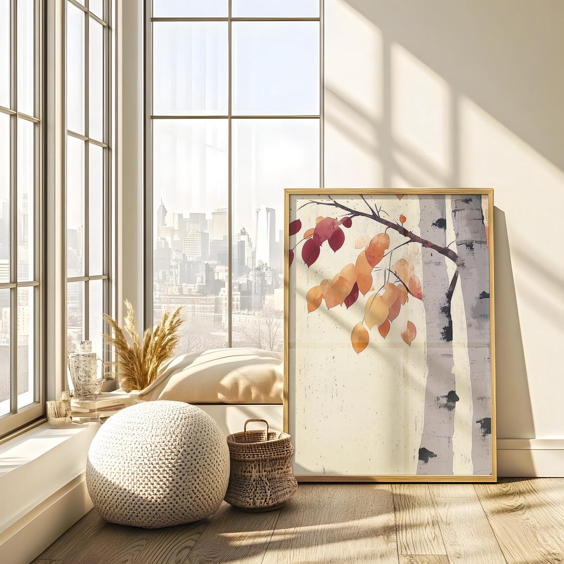 Birch Branch Autumn Gold Leaves Cream Minimal Japandi Poster - Image 2