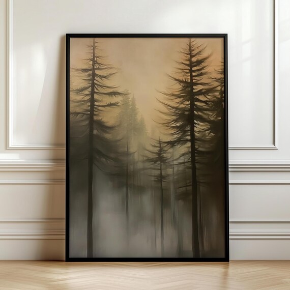 Dark Academia Pine Tree Wall Art Moody Vintage Forest Painting Rustic Masculine Wall Hanging Art