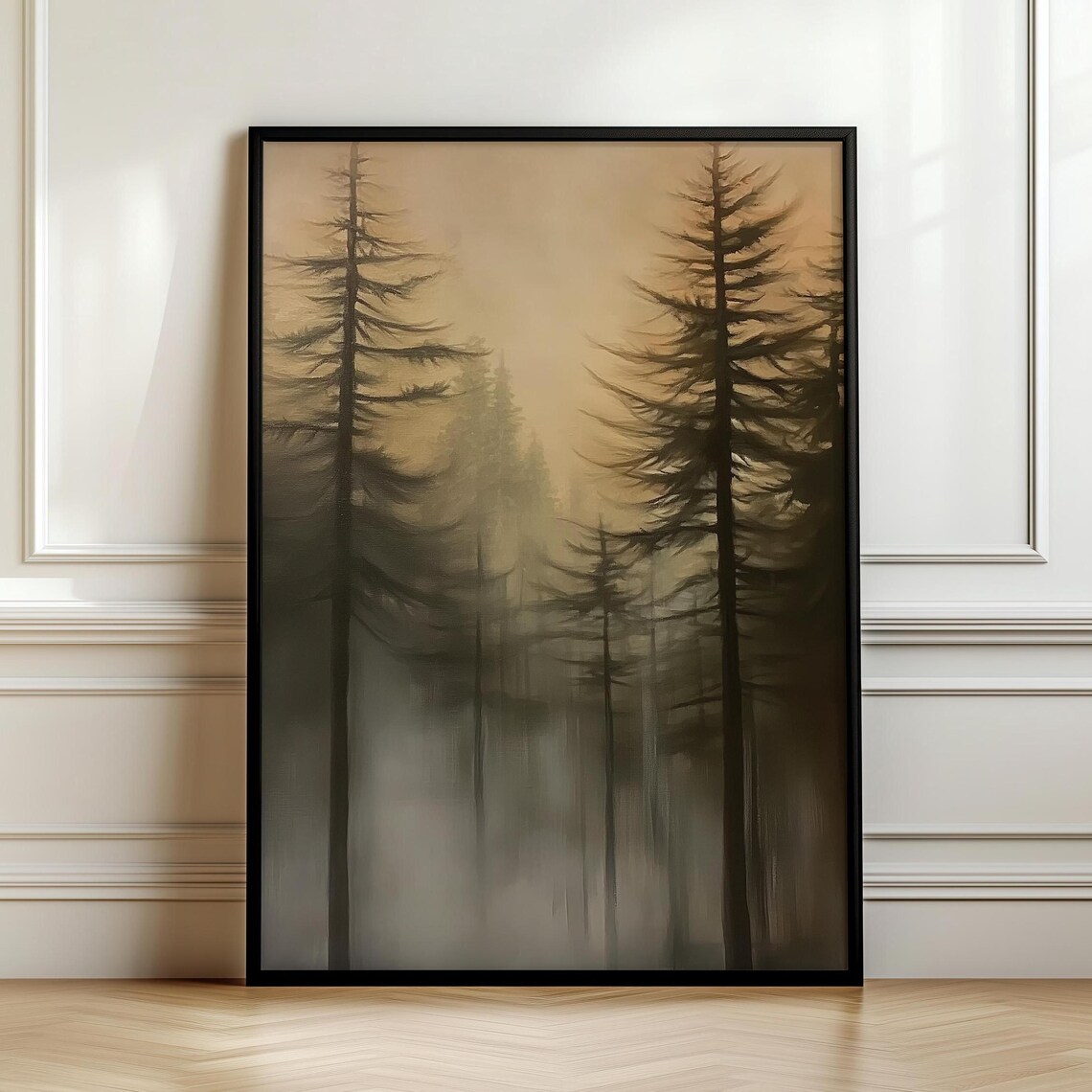 Dark Academia Pine Tree Wall Art Moody Vintage Forest Painting Rustic Masculine Wall Hanging Art