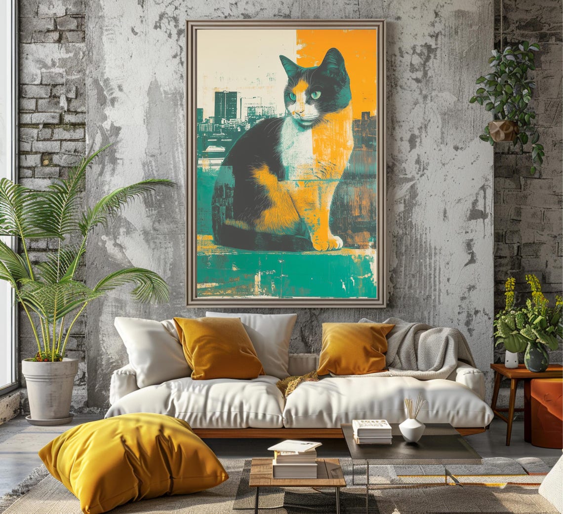 Calico Cat Sitting in Teal Orange Cityscape Pop Art Style Poster - Image 4