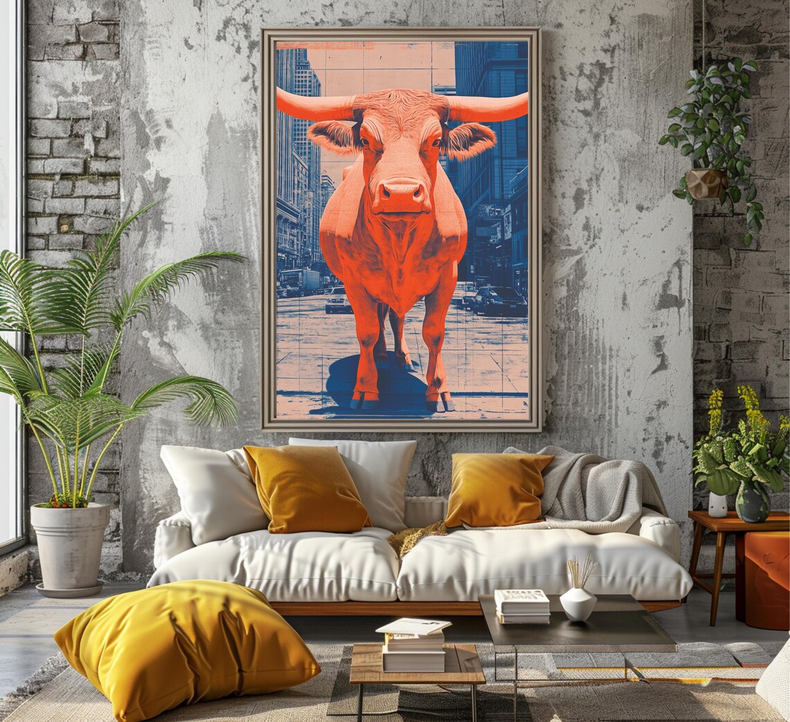 Bold Orange Longhorn Cow on City Street Urban Western Art Poster - Image 6