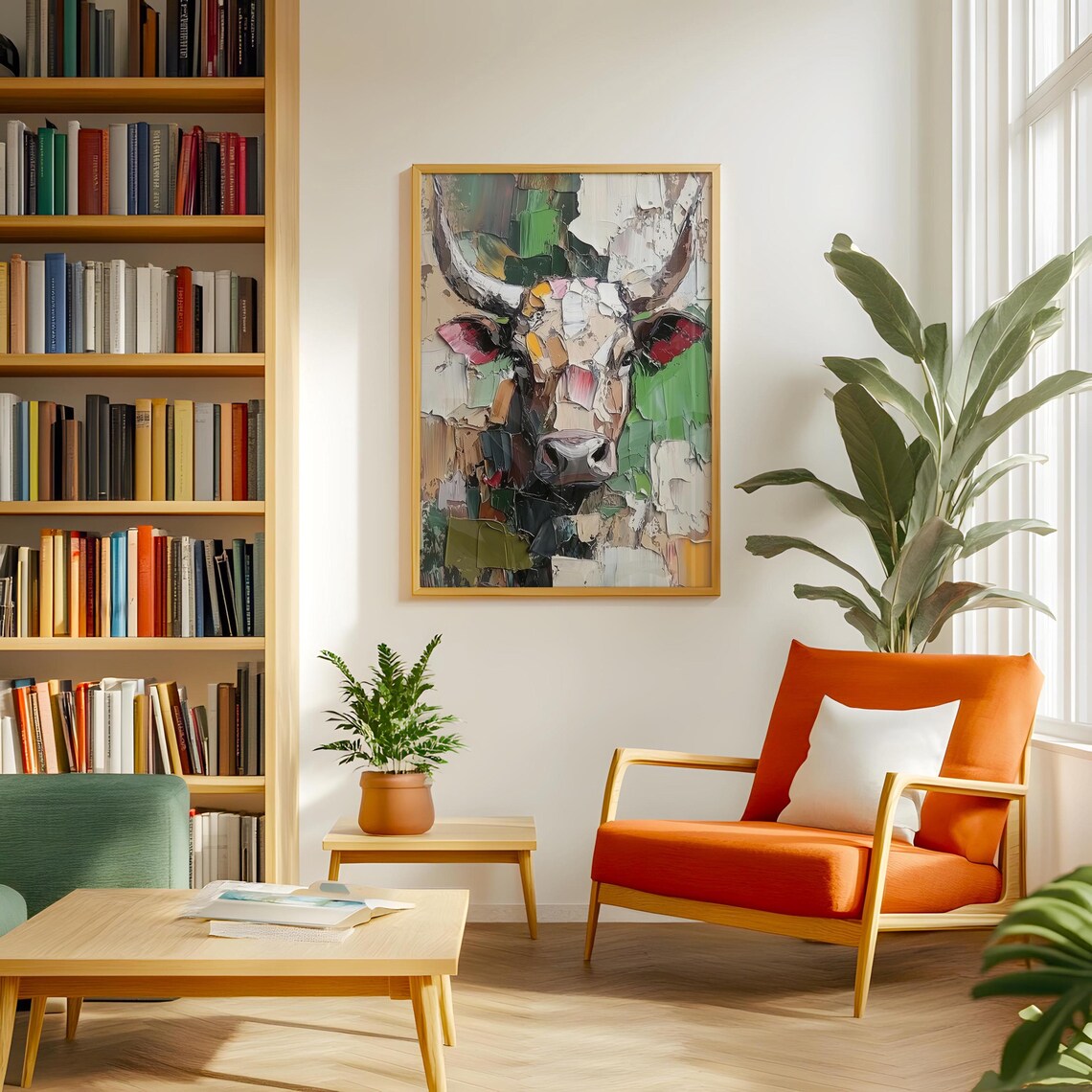 Abstract Impasto Cow Portrait with Green Accents Painting Poster - Image 2