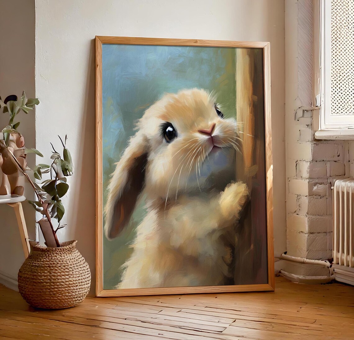 Baby Lop Bunny Peeking Around Corner Sweet Painterly Animal Poster
