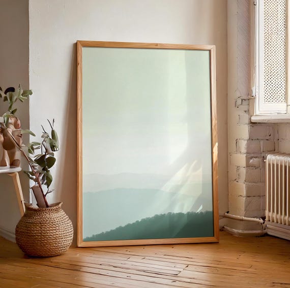 Green Mountain Valleys Wall Hanging Sage Green Lime Cream Art Minimalist Peaceful Foggy Scenery