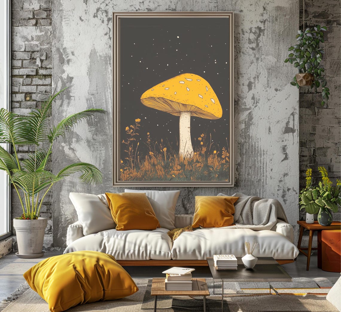 Golden Mushroom Under Starry Night Dark Botanical Art Poster - Image 7