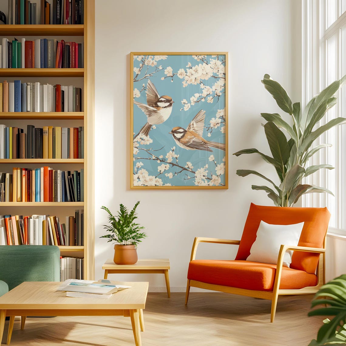 Two Birds In Flight White Cherry Blossoms Pale Blue Sky Poster - Image 4
