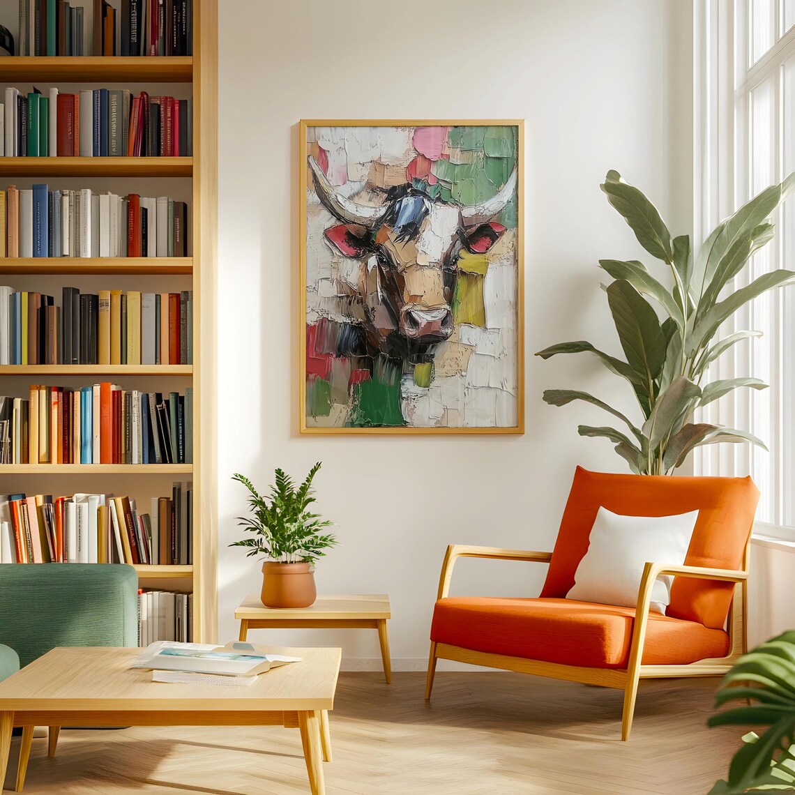 Colorful Abstract Impasto Bull Portrait with Pink Ears Painting Poster - Image 2