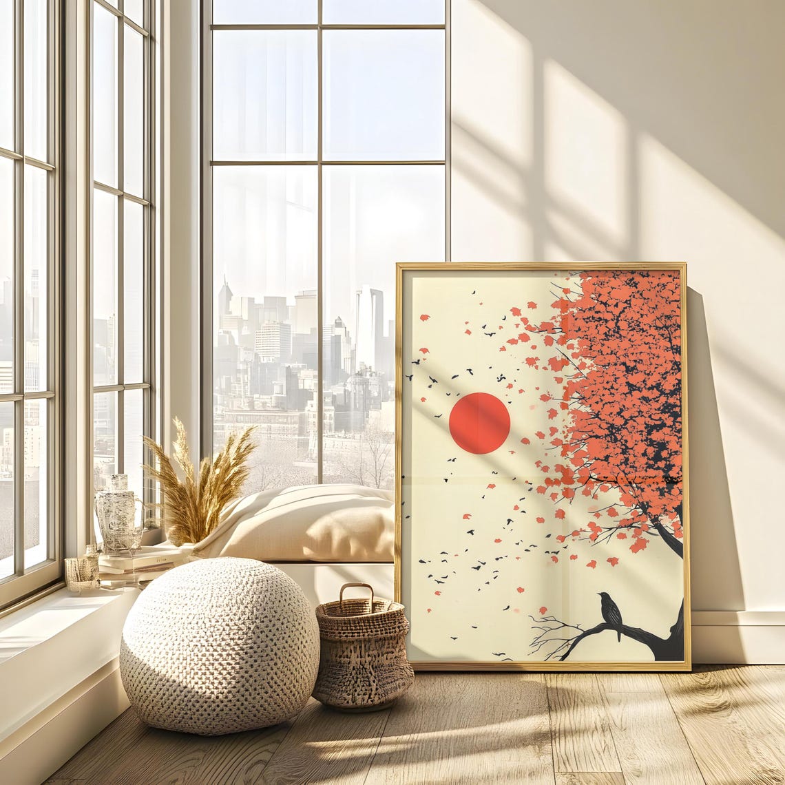 Japandi Red Sun Over Blossom Tree With Black Bird Cream Wall Art - Image 2