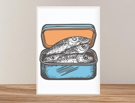Tinned Fish Print Vintage Can Of Sardines 2 Retro Artwork For The Kitchen Colorful Nautical Kitchen Art