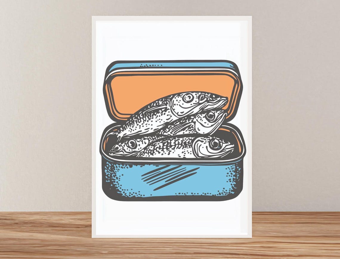 Open Blue Sardine Tin With Retro Fish Illustration Art Poster