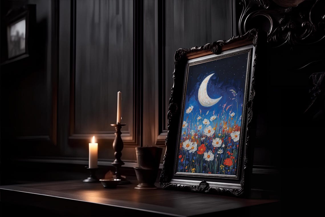Crescent Moon Oil Painting Gothic Whimsigoth Decor Wall Art Macabre Painting Dark Academia Moody Wall Hanging Art - Image 4