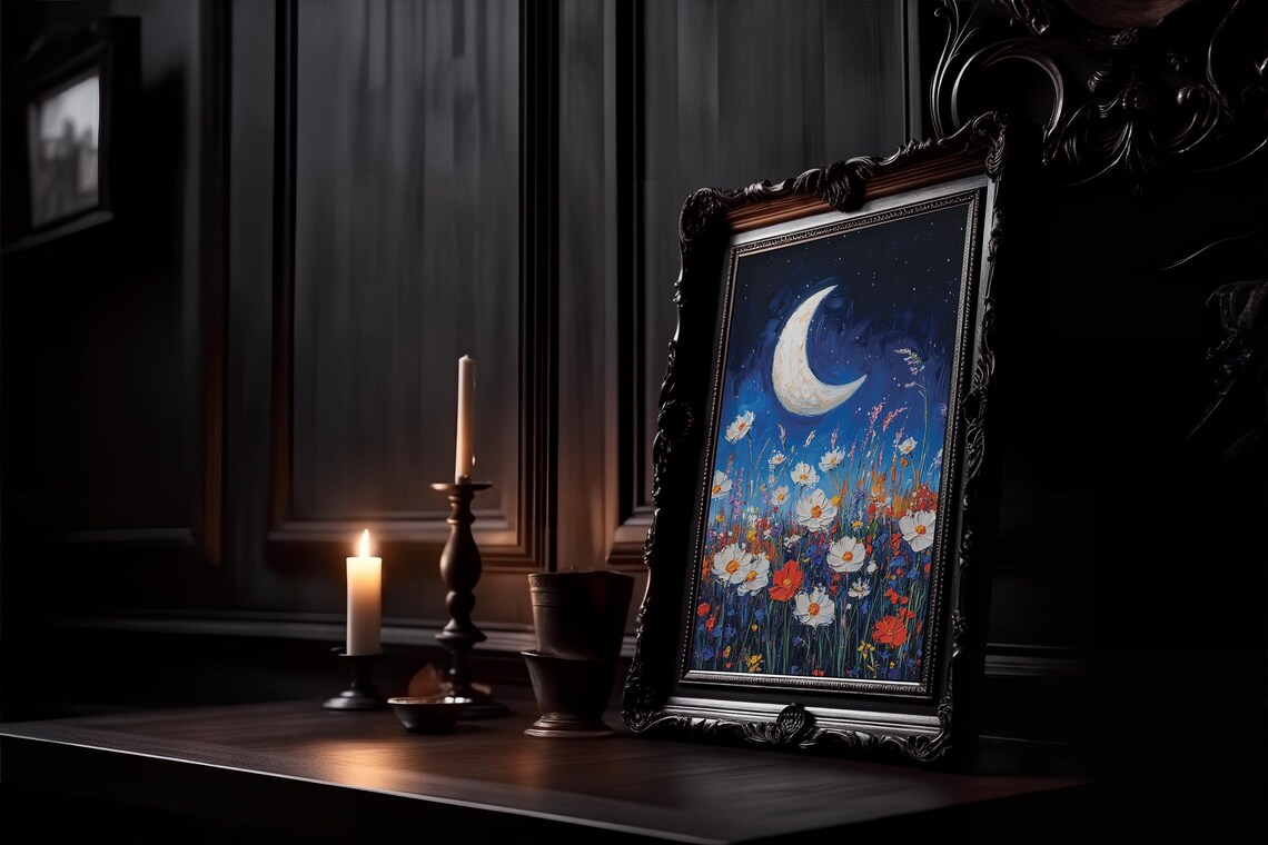 Crescent Moon Over Wildflower Meadow Night Oil Painting Poster - Image 4