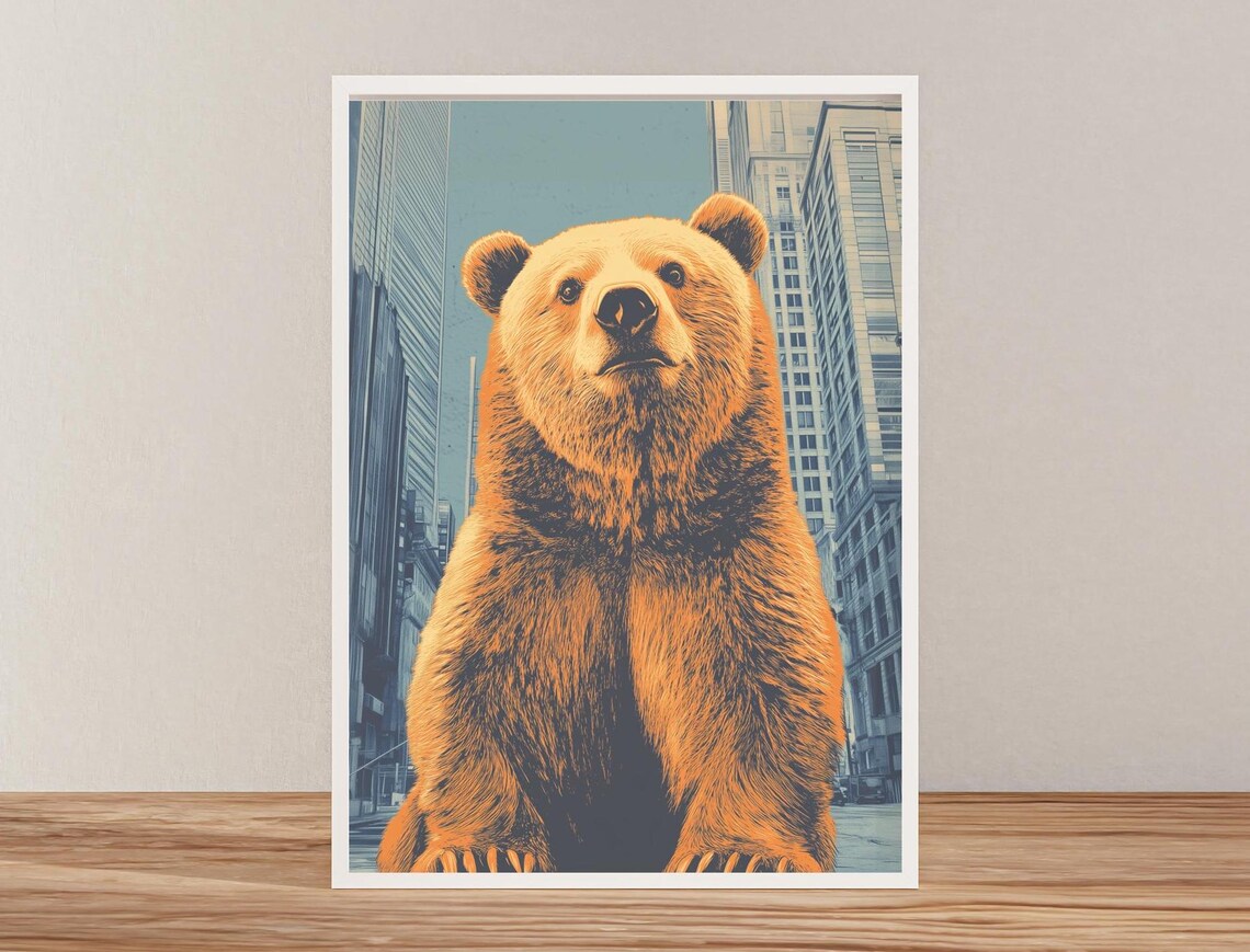 Giant Brown Bear Sitting Calmly Among City Skyscrapers Art Poster