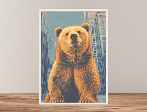 Giant Brown Bear Sitting Calmly Among City Skyscrapers Art Poster