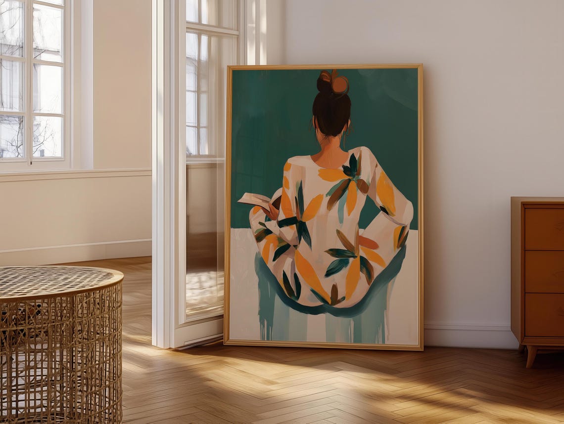Woman With Bun Reading in Leafy Robe Back View Painterly Poster - Image 6