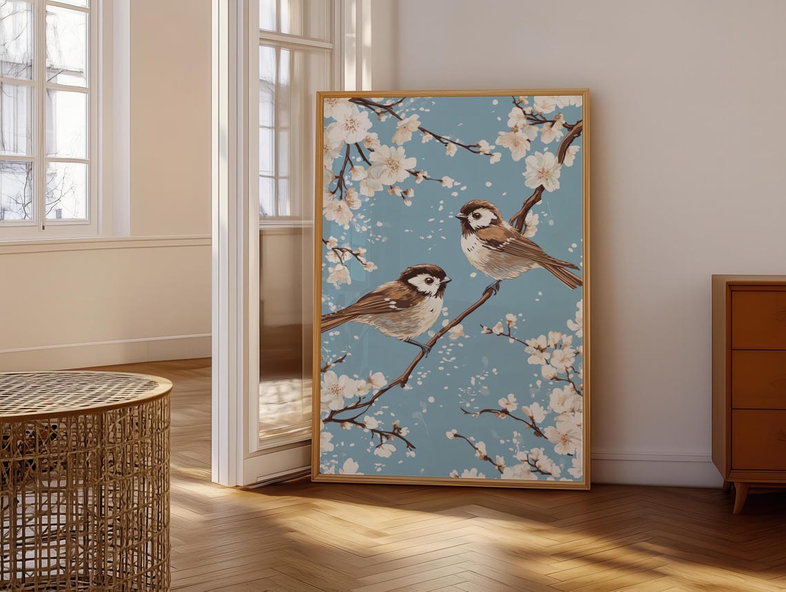 Two Birds On Diagonal Branch White Blossoms Clear Blue Sky Poster - Image 6