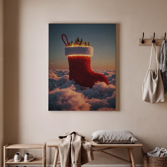 Giant Christmas Stocking in the Clouds Fantasy Holiday Night Wall Art