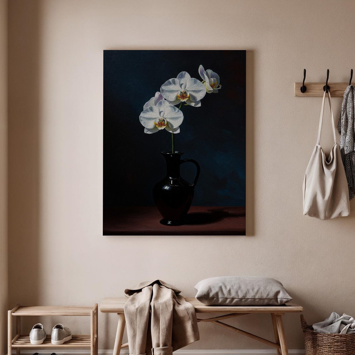 White Orchid Black Vase Moody Floral Still Life Elegant Art Poster