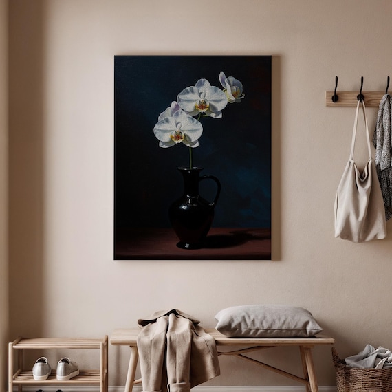 White Orchid Black Vase Moody Floral Still Life Elegant Art Poster