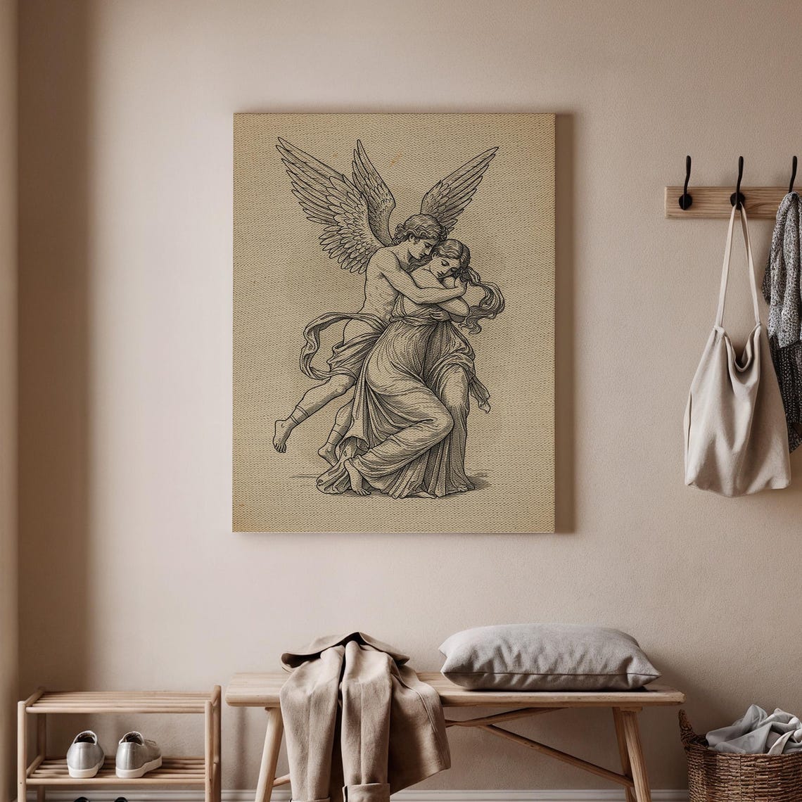 Cupid and Psyche Embrace Classical Line Art Mythology Canvas Poster