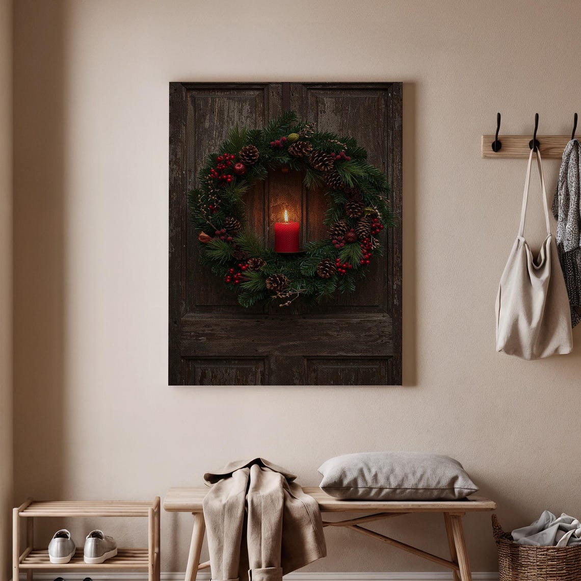 Christmas Wreath Candle Rustic Wooden Door Pinecone Holiday Poster