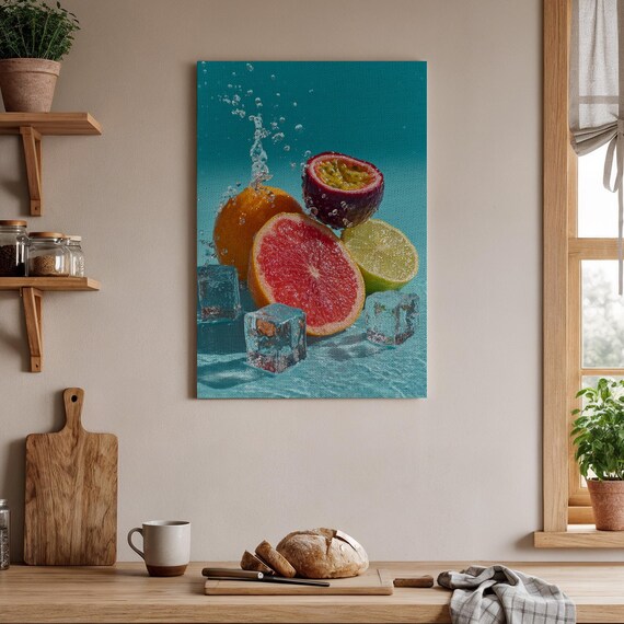 Vibrant Citrus Fruit Ice Cubes Splash Turquoise Summer Juice Poster