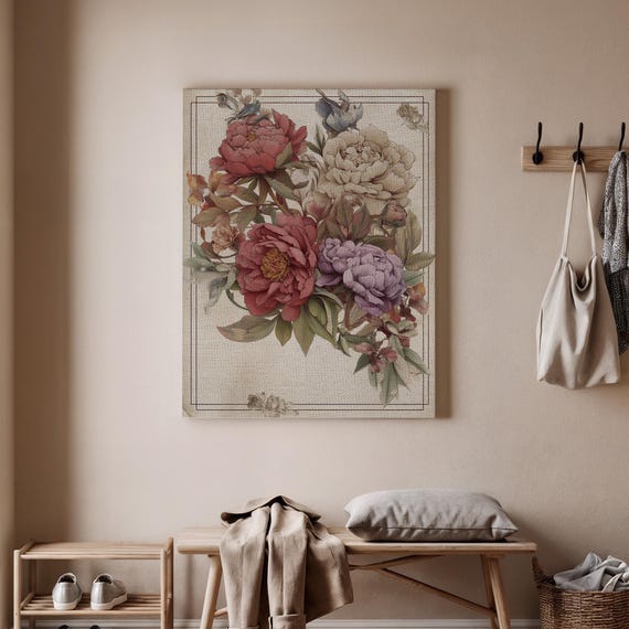 Floral Peony Canvas Art Vintage Botanical Illustration With Pink And Purple Peonies Elegant Wall Decor For Living Room Or Bedroom