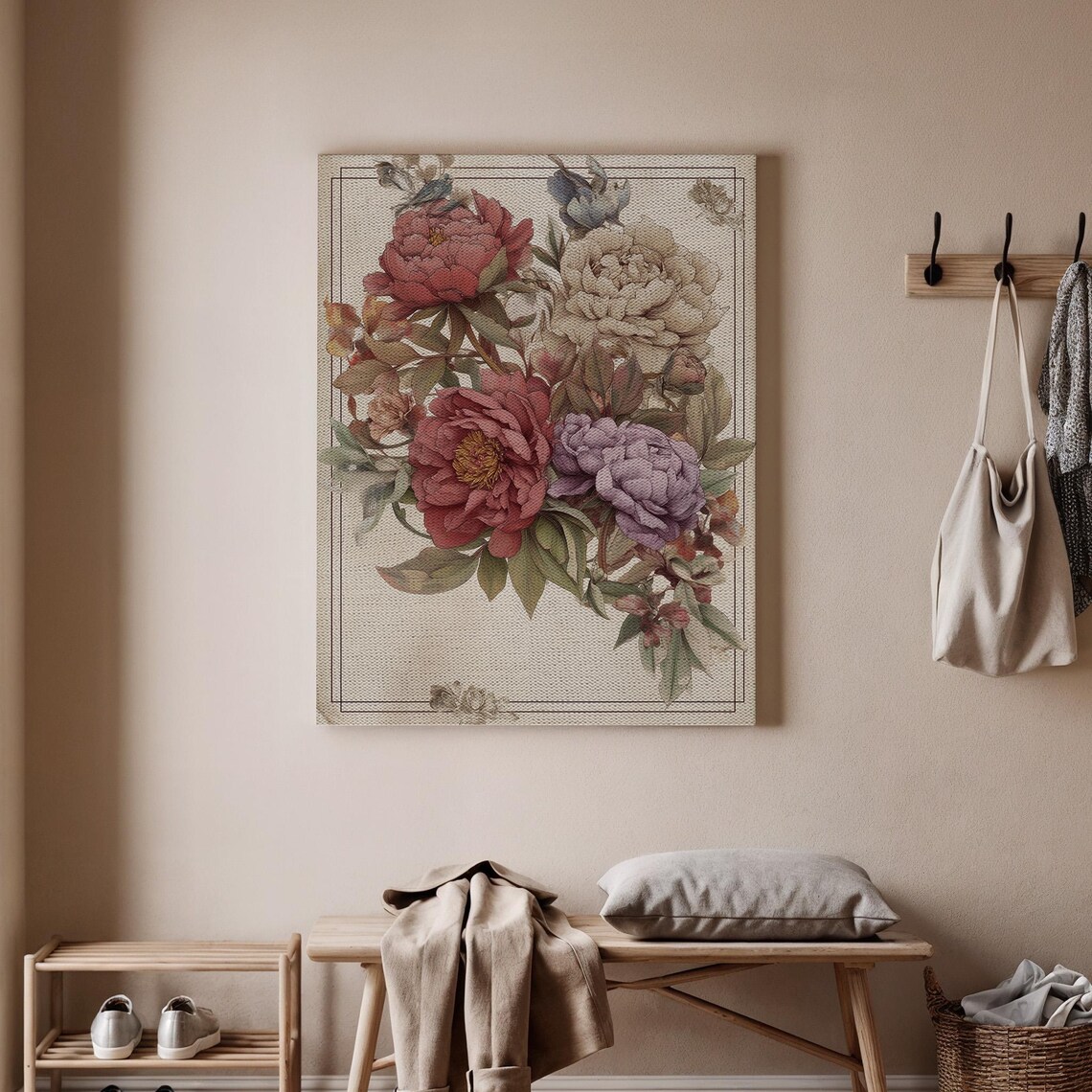 Vintage Peony Botanical Illustration Pink Purple Floral Elegant Art Poster