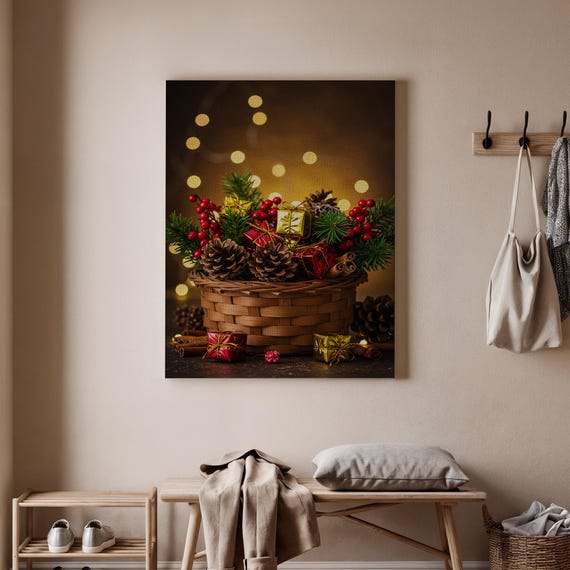 Christmas Basket Canvas Wall Art Festive Pinecones And Berries Print Holiday Gift Illustration Seasonal Rustic Decor