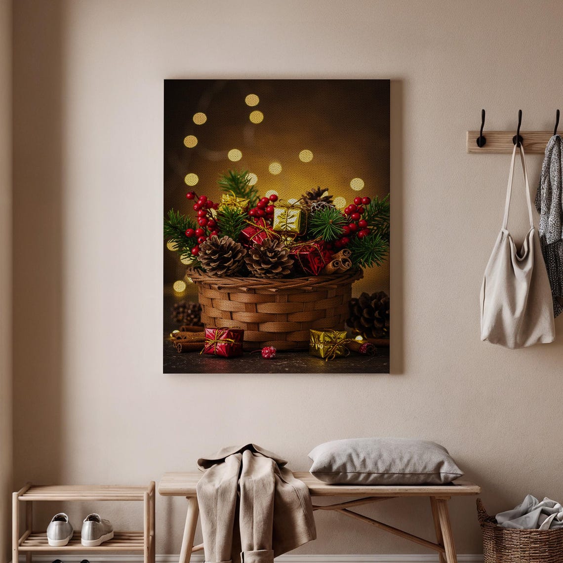 Christmas Gift Basket Pinecones Berries Festive Holiday Poster