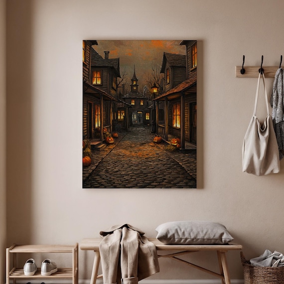 Haunted Halloween Street Canvas Wall Art Spooky Pumpkin Decor Town Alleyway Fall Home Decoration
