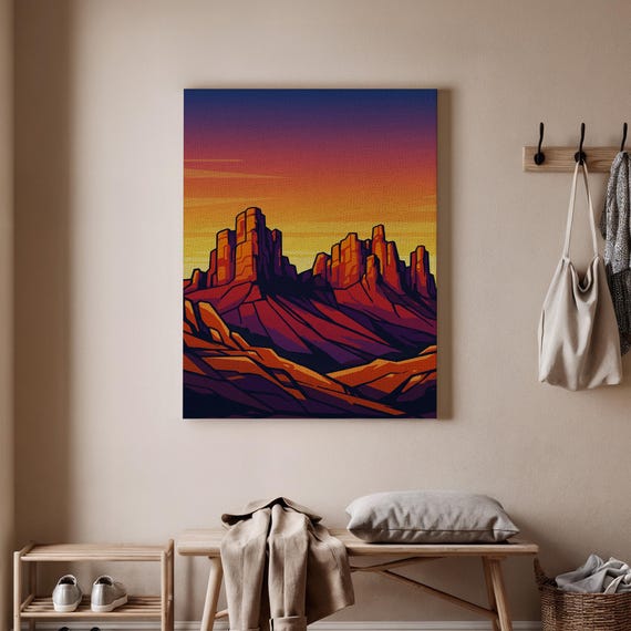 Desert Landscape Canvas Abstract Mountain Print Sunset Art Geometric Scene Modern Artwork Decor And Home