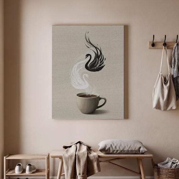 Elegant Coffee Swan Canvas Art Minimalist Black And White Wall Decor Modern Cup Print Unique Poster For Home
